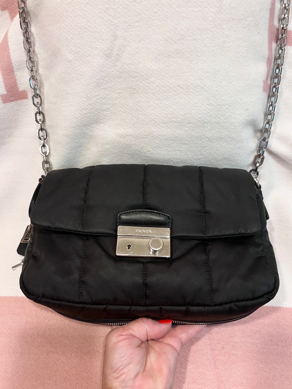 PRADA!⭐️Black Quilted Bomber Bag! Crossbody Bag with Silver Chain!